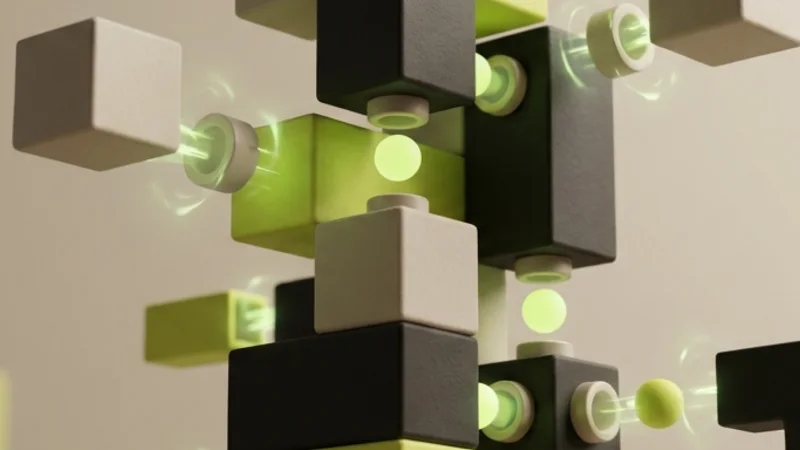 Abstract modular lime and black blocks assembling into a starter project structure