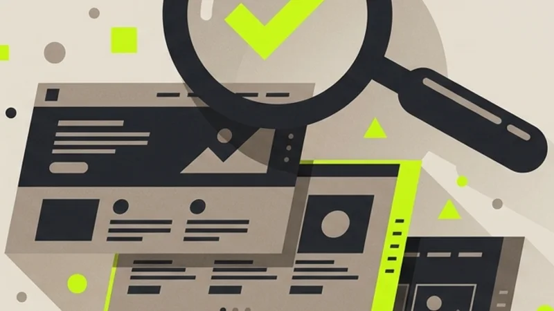 Abstract Straffe Sites illustration about hiring an Astro developer: a magnifying glass over layered portfolio panels in charcoal with lime accents on warm beige