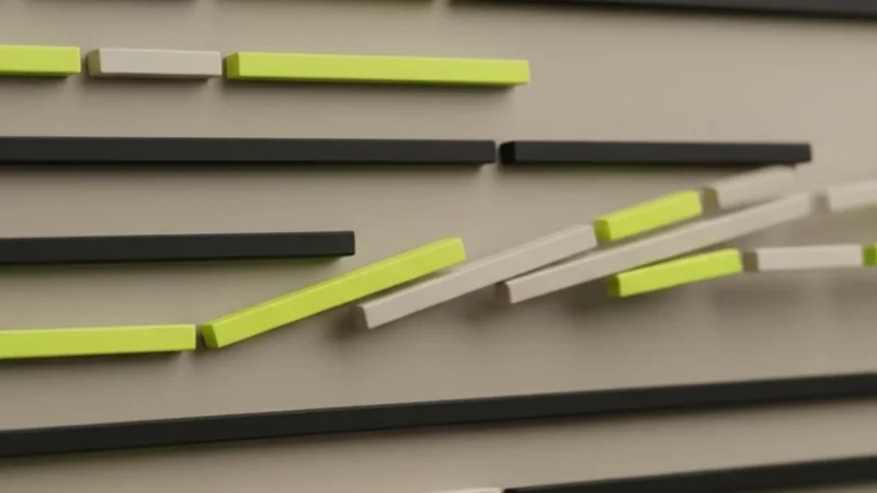 Abstract lime rules snapping misaligned black text blocks into one tidy grid