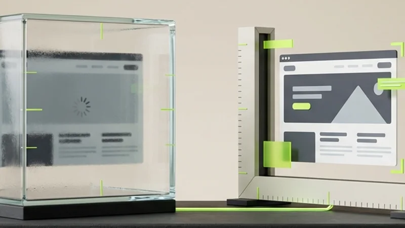 Two opposing measuring instruments as abstract 3D blocks on a warm beige surface, with lime accents connecting lab and field data