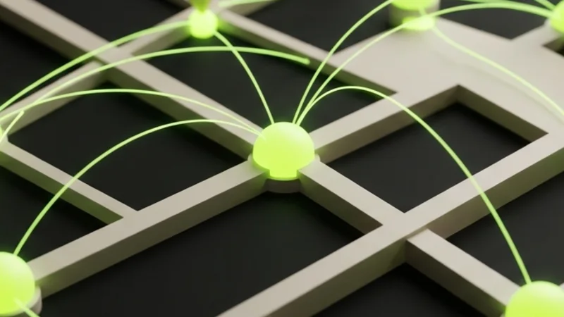 Glowing lime nodes connected by arcing lines above an off-white grid on a dark background
