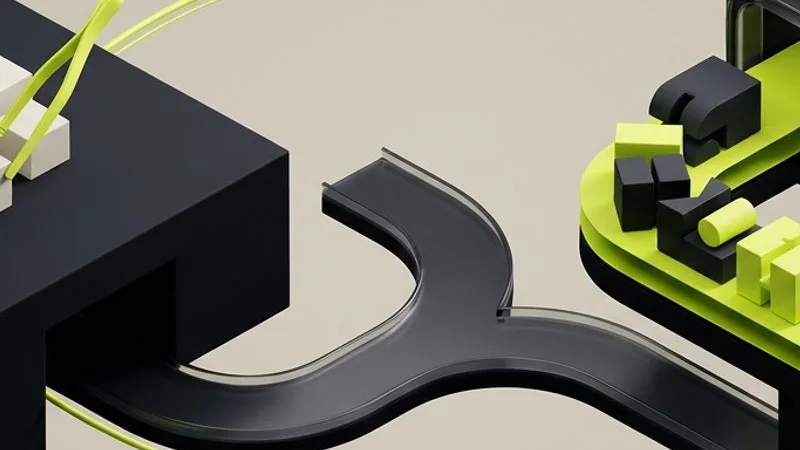 Abstracte Straffe Sites-illustratie bij online marketing uitbesteden: eigen werk links, een splitsing in het midden en uitbesteed werk rechts, met een terugkoppeling naar de eigenaar