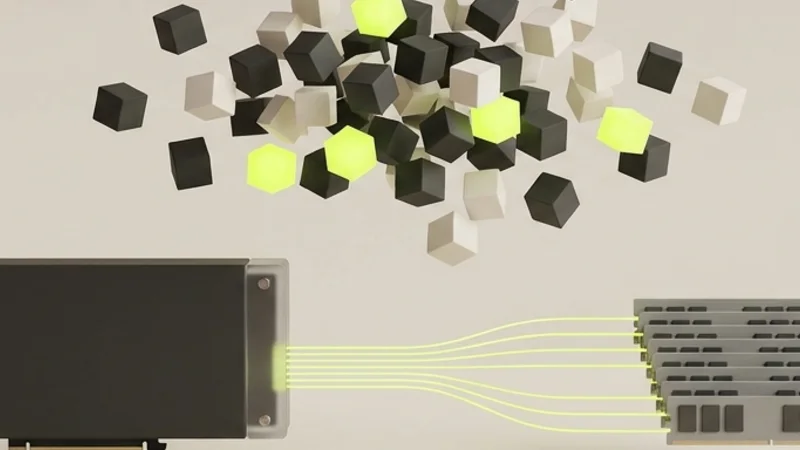 Abstract illustration of a graphics card linked by lime data lines to memory modules, with a cloud of cubes of which only a few light up
