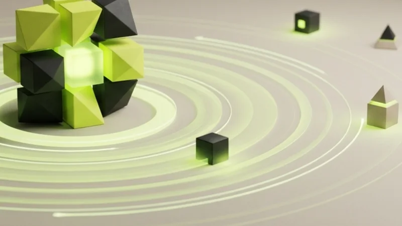 Black and lime geometric blocks orbiting a glowing green cube on rings of light