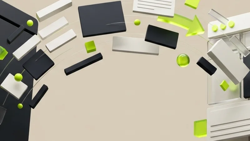Abstract Straffe Sites illustration about migrating content to Storyblok: 3D content blocks moving from a charcoal panel into a structured hub, with off-white surfaces and lime accents on warm beige