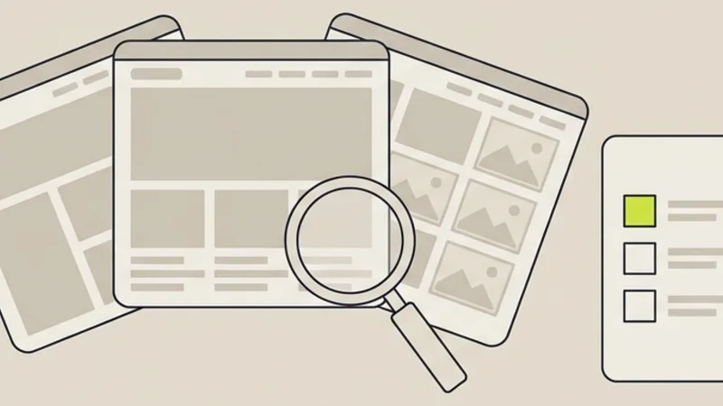 Abstracte Straffe Sites-illustratie bij webdeveloper gezocht: een selectieproces van portfolioschermen, codefragmenten en keuzevragen
