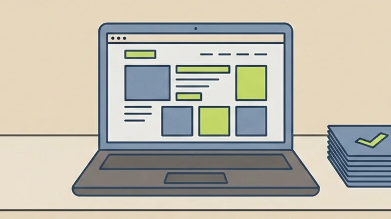 Abstract Straffe Sites illustration about website maintenance: a laptop with a browser, checked maintenance cards, and a shield with a key