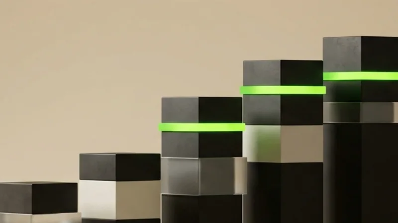Abstracte 3D-rechthoeken als scorebalken op een warmbeige vlak, met lime accenten die de ranking van websitebouwers visualiseren